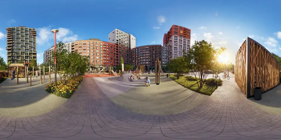 360° panorama of a residential courtyard with a playground