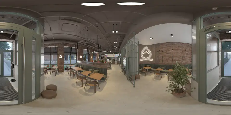 3D tour of a rendered café interior