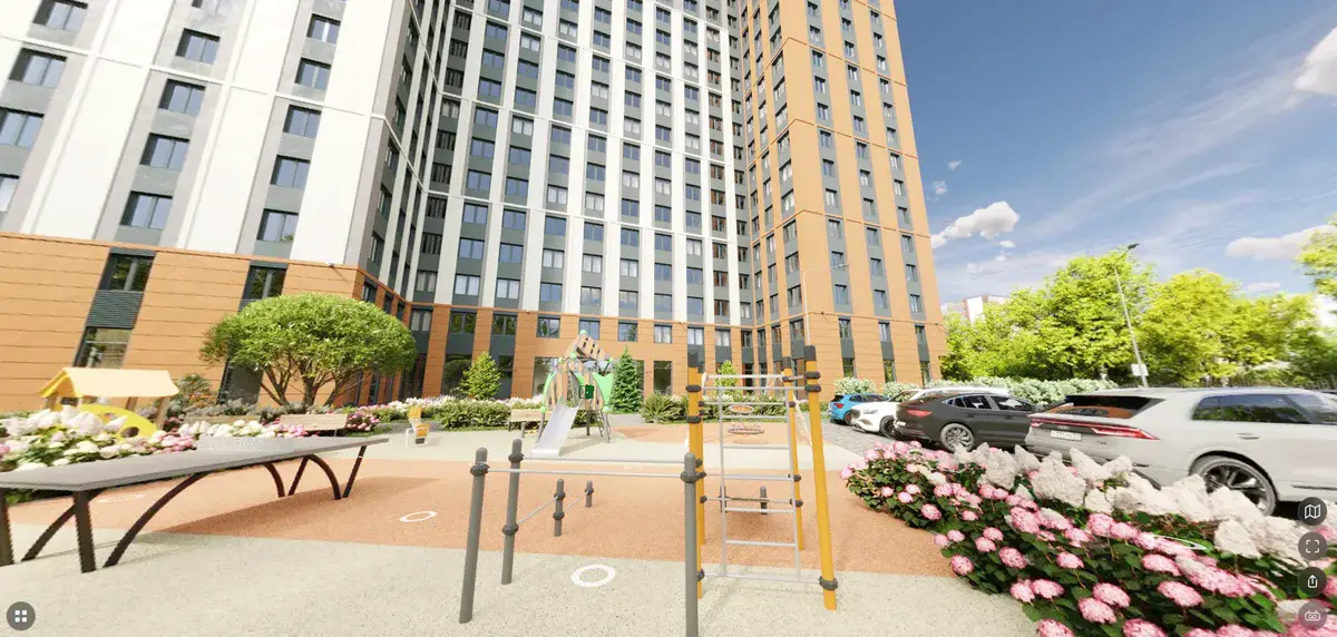 Rendered courtyard of the Dom Uchitelya residential complex in Perm shown in a VPano 3D tour by ARCHIGROUP