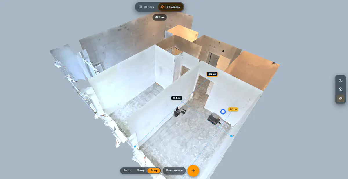 Laser scan of a building from an E57 file shown as a 3D tour with scanner station viewpoints
